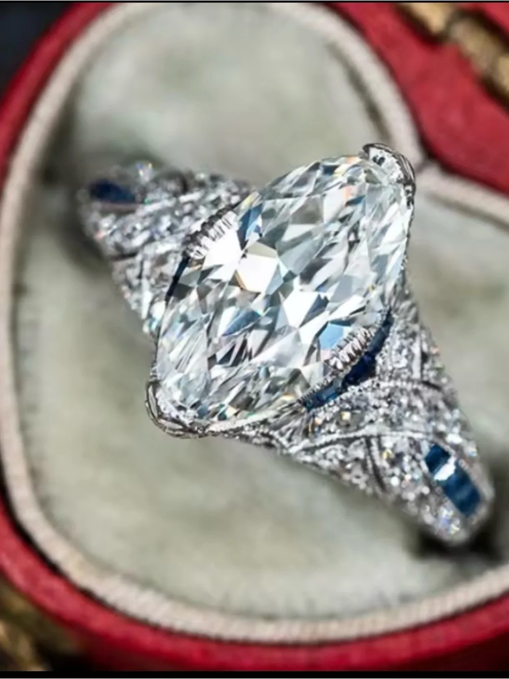Vintage-Style White Diamond Navette Ring with Blue Accents